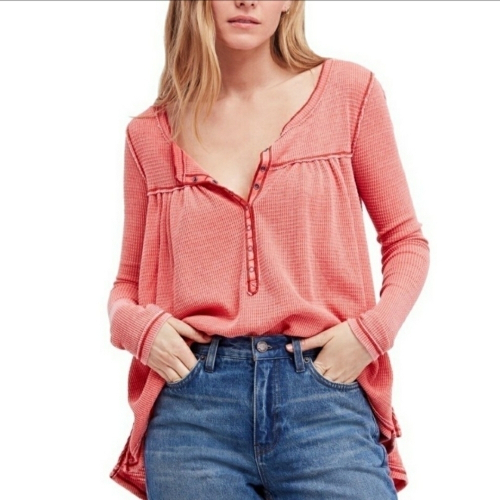 FREE PEOPLE Kai Thermal Henley Knit Button Front Top Sz S